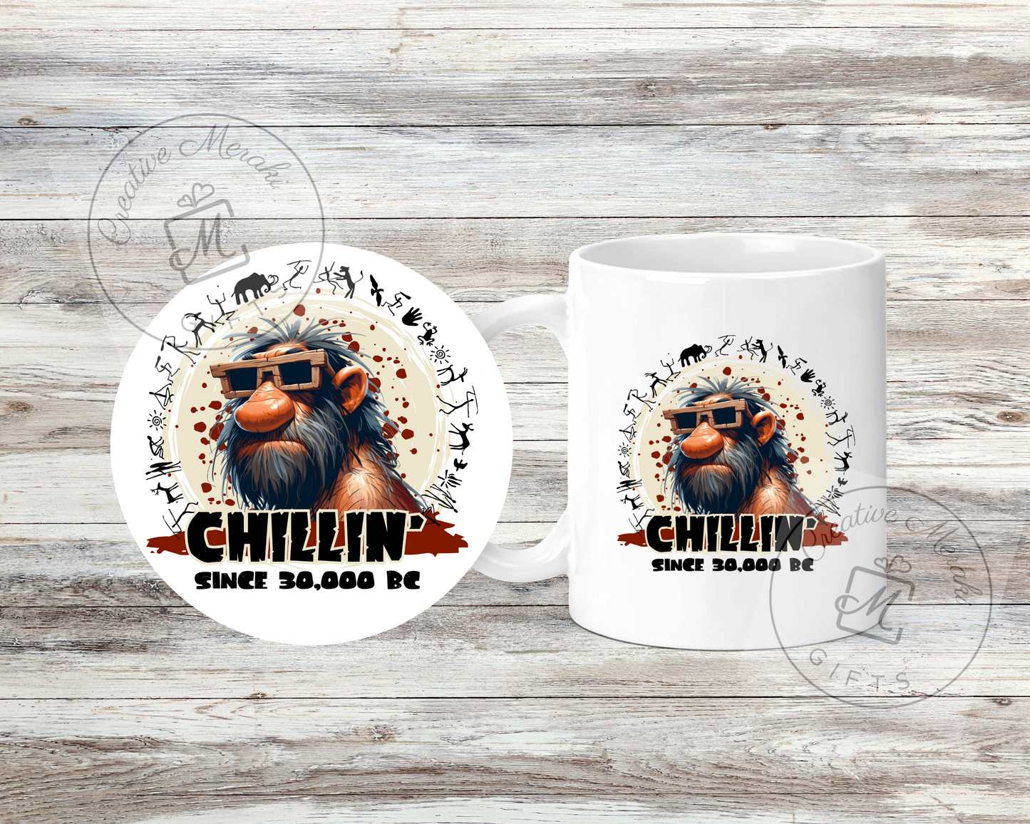 Chillin' Since 30,000BC Funny Caveman Mug and Coaster Set - Black