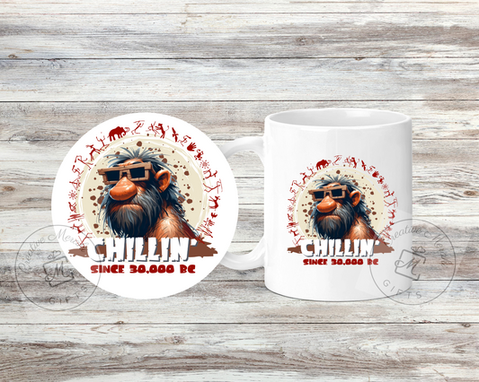 Chillin' Since 30,000BC Funny Caveman Mug and Coaster Set - Brown